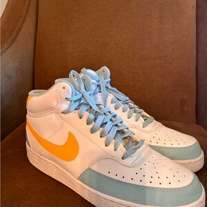 Nike White and Orange High-Tops with Blue Accents